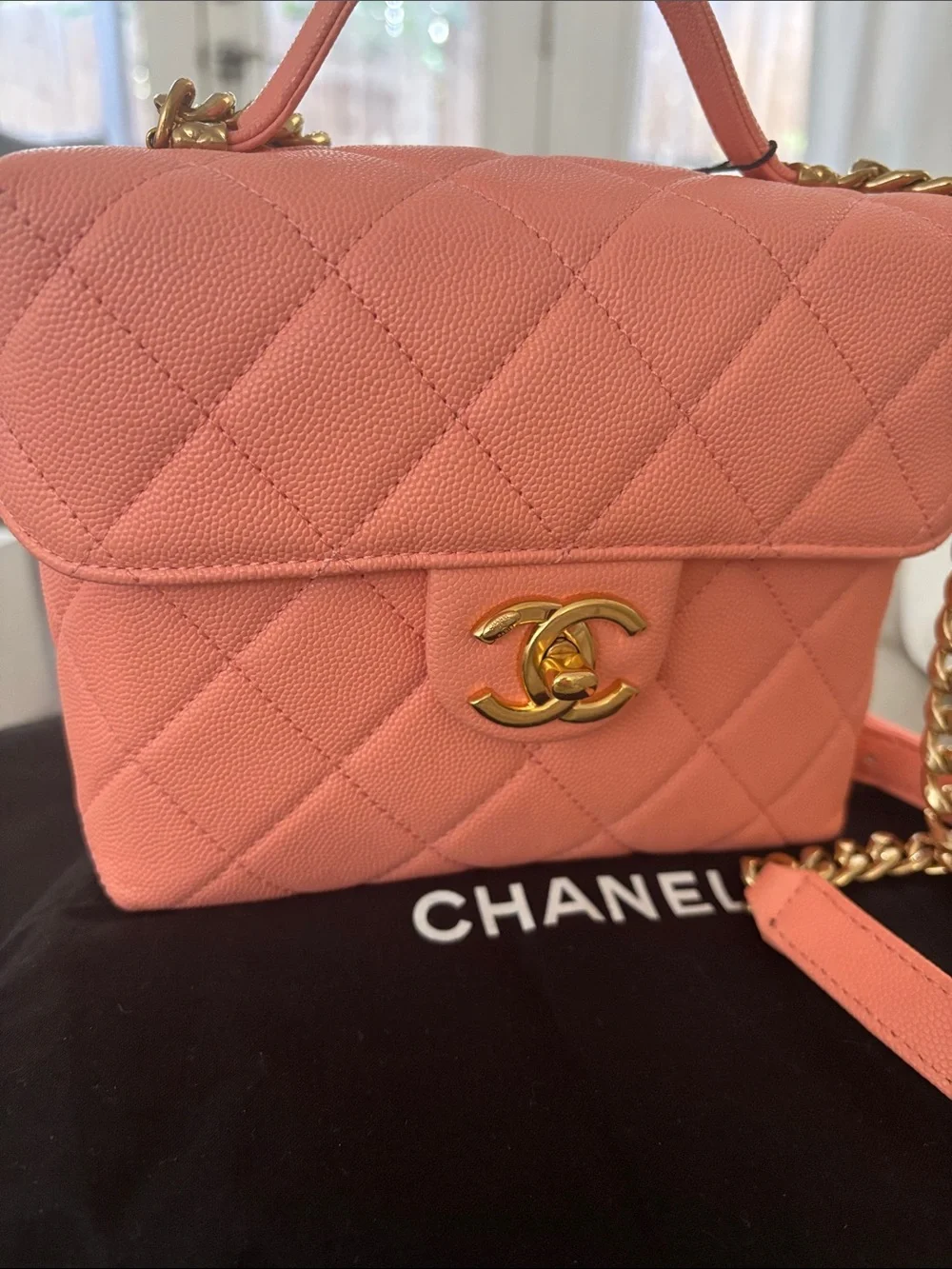 CHANEL Coral Pink Quilted Mini Top Handle Bag with Gold Hardware